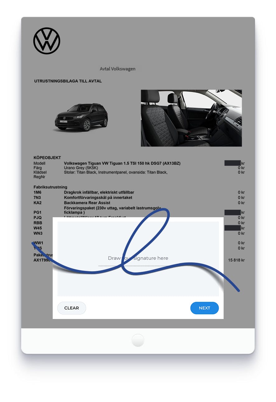 esigning a Volkswagen car contract